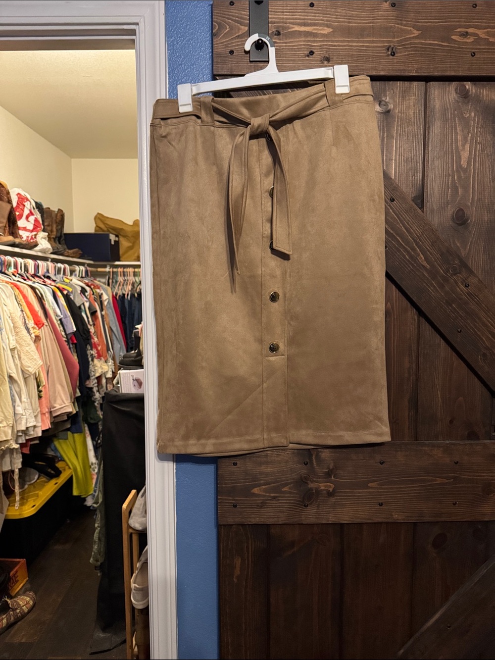 Marc New York Tan Faux Suede Midi Skirt with Tie Belt